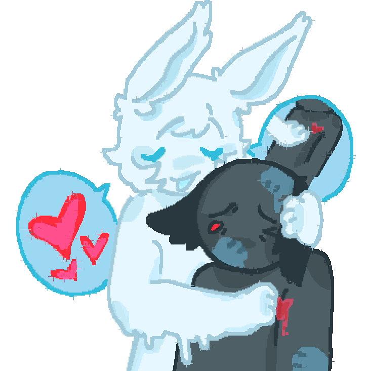 A drawing of a white rabbit person holding a dark grey wolf persons head and putting a hand on grey wolfs heart. The rabbit person has a calm expression while the wolf person looks extremely distressed. There are faded blue paw prints of the wolfs head , face and arm. there are blue speech bubbles around the rabbit that have drawings of red hearts and a image of the white rabbit putting a paw directly on the grey wolfs chest area.